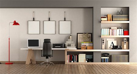Modern home workplace with desk and bookcase - 3d rendering Photographie de stock - Aubaine LD & Abonnement, Code: 400-09136274