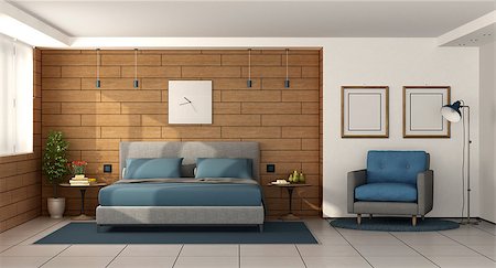 simsearch:400-07796866,k - Modern master bedroom with double bed on wooden wall - 3d rendering Stock Photo - Budget Royalty-Free & Subscription, Code: 400-09136328