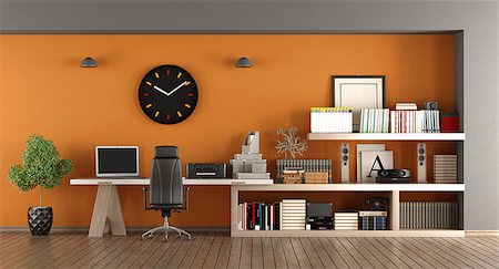 Modern home workplace with desk , bookcase and orange wall - 3d rendering Photographie de stock - Aubaine LD & Abonnement, Code: 400-09136331
