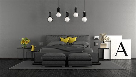 simsearch:400-07796866,k - Minimalist master bedroom with black double bed and gray wall - 3d rendering Stock Photo - Budget Royalty-Free & Subscription, Code: 400-09136347