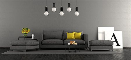 Black and gray living room with sofa and footstools - 3d rendering Stock Photo - Budget Royalty-Free & Subscription, Code: 400-09136350