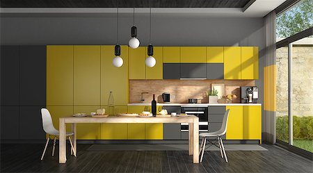 simsearch:632-08886818,k - Black and yellow modern kitchen with dining table and chairs - 3d rendering Foto de stock - Super Valor sin royalties y Suscripción, Código: 400-09136400