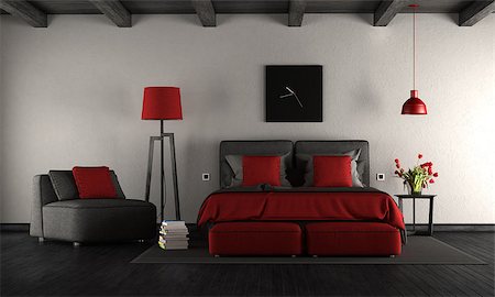 simsearch:400-07796866,k - Black and red modern master bedroom with double bed and armchair - 3d rendering Stock Photo - Budget Royalty-Free & Subscription, Code: 400-09136441
