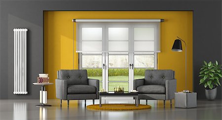 Gray and yellow living room with two armchair - 3d rendering Stock Photo - Budget Royalty-Free & Subscription, Code: 400-09136491