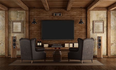 elegant tv room - Home cinema in rustic style with two leather classic armchairs ,old wall and wooden beams - 3d rendering Stock Photo - Budget Royalty-Free & Subscription, Code: 400-09136492
