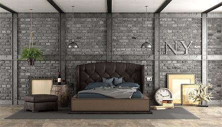 Retro master bedroom with elegant bed , vintage objects and brick wall - 3d rendering Stock Photo - Budget Royalty-Free & Subscription, Code: 400-09136505