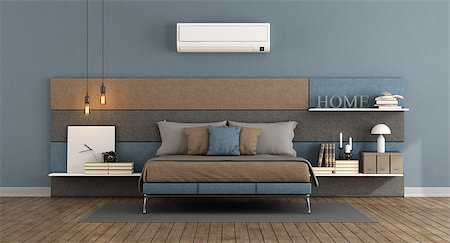 room with air conditioner - Modern master bedroom with bed headboard in fabric with shelves and air conditioner - 3d rendering Stock Photo - Budget Royalty-Free & Subscription, Code: 400-09136623