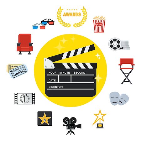 Set of cinema icons. Flat vector cartoon illustration. Objects isolated on a white background. Stock Photo - Budget Royalty-Free & Subscription, Code: 400-09136637