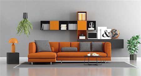 Modern orange and gray living room with sofa and bookcase on background - 3d rendering Stock Photo - Budget Royalty-Free & Subscription, Code: 400-09136738