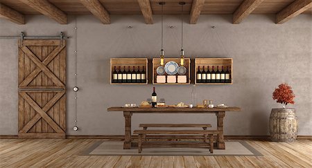 simsearch:400-06396983,k - Dining room in rustic style with old table,bench and sliding door - 3d rendering Stock Photo - Budget Royalty-Free & Subscription, Code: 400-09136730