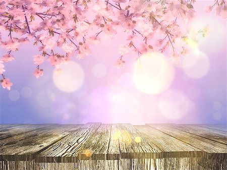 simsearch:400-09068018,k - 3D render of a vintage image of an old wooden table with a cherry blossom background Stock Photo - Budget Royalty-Free & Subscription, Code: 400-09136821