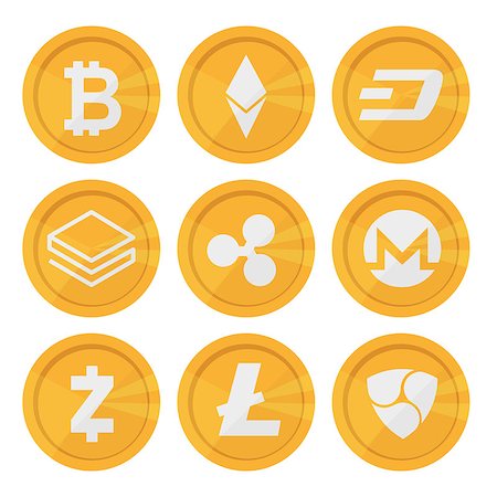 simsearch:400-07300552,k - Set of cryptocurrency icons for internet money. Blockchain based secure. Isolated vector sign. Main cryptocurrency coins Foto de stock - Royalty-Free Super Valor e Assinatura, Número: 400-09136998