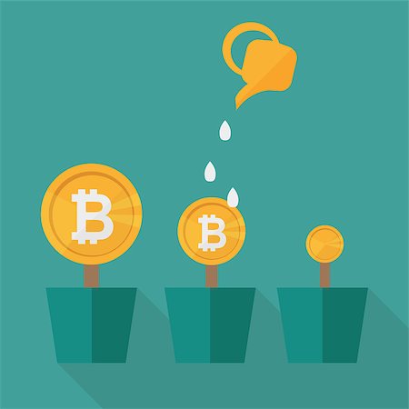 Bitcoin money flowers set with watering cans. Decorative plants in pots on a blue background. Vector illustration Foto de stock - Super Valor sin royalties y Suscripción, Código: 400-09137007