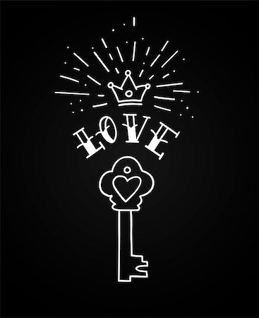 Hand drawn vintage love key with heart and crown in traditional tattoo style. Vector illustration. Stockbilder - Microstock & Abonnement, Bildnummer: 400-09137044