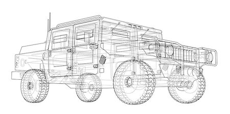 Combat car blueprint. 3d illustration. Wire-frame style Stock Photo - Budget Royalty-Free & Subscription, Code: 400-09137124