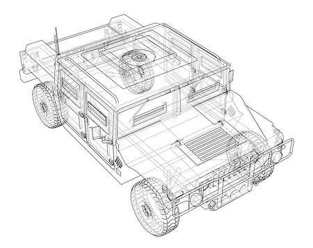 Combat car blueprint. 3d illustration. Wire-frame style Stock Photo - Budget Royalty-Free & Subscription, Code: 400-09137125