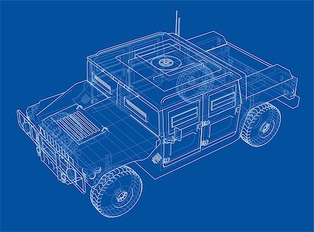 Combat car blueprint. 3d illustration. Wire-frame style Stock Photo - Budget Royalty-Free & Subscription, Code: 400-09137126