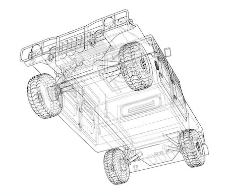 Combat car blueprint. 3d illustration. Wire-frame style Stock Photo - Budget Royalty-Free & Subscription, Code: 400-09137127