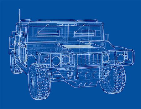 Combat car blueprint. 3d illustration. Wire-frame style Stock Photo - Budget Royalty-Free & Subscription, Code: 400-09137123