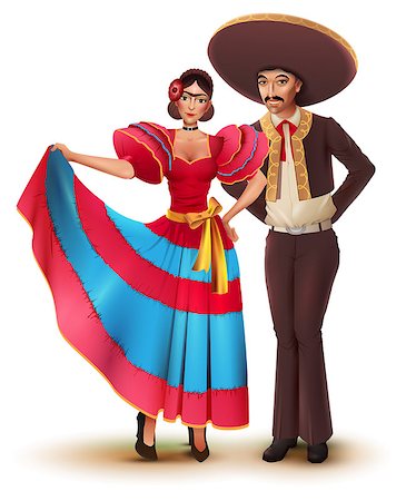 simsearch:400-08973915,k - Young woman and man in Mexican national traditional clothes. Isolated on white vector cartoon illustration Stockbilder - Microstock & Abonnement, Bildnummer: 400-09137168