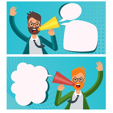 Set of announcement banners in style of comics. Man with megaphone for sounding important news. Flat vector cartoon illustration. Objects isolated on white background. Stock Photo - Budget Royalty-Free & Subscription, Code: 400-09137188