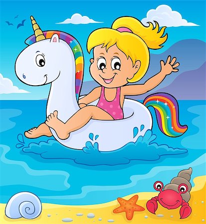 Girl floating on inflatable unicorn 2 - eps10 vector illustration. Stock Photo - Budget Royalty-Free & Subscription, Code: 400-09137206