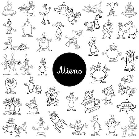 Black and White Cartoon Illustration of Aliens Fantasy Characters Huge Set Foto de stock - Super Valor sin royalties y Suscripción, Código: 400-09137399