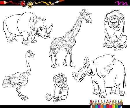 simsearch:400-07309801,k - Black and White Cartoon Illustration of Funny Safari Animal Characters Set Coloring Book Stock Photo - Budget Royalty-Free & Subscription, Code: 400-09137408