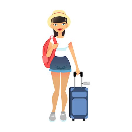 Travel female tourist standing with luggage. Young flat woman wearing casual clothes with baggage at airport. Vector cute lady with travel bag and backpack. Travel lifestyle concept Stock Photo - Budget Royalty-Free & Subscription, Code: 400-09137444