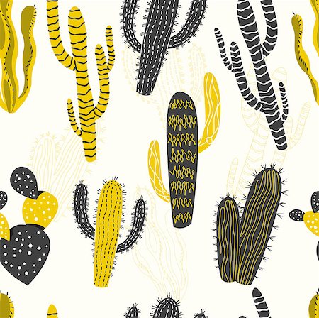 simsearch:400-09121573,k - Mustard and Charcoal coloured cactus and succulent plants in different shapes, seamless pattern. Vector illustration Photographie de stock - Aubaine LD & Abonnement, Code: 400-09137573