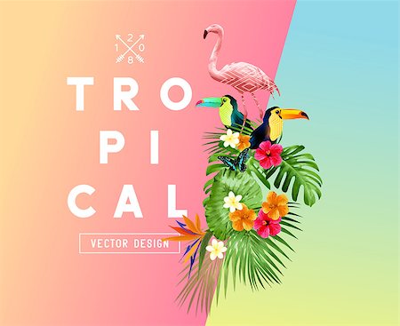 Bright tropical floral elements with Hibiscus flowers, toucans and Flamingos and a set of palm leaves on a gradient background. Vector illustration Foto de stock - Super Valor sin royalties y Suscripción, Código: 400-09137596