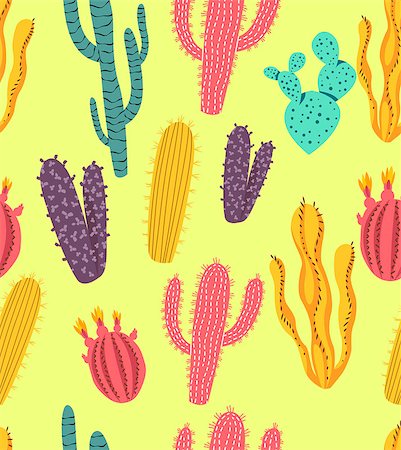 simsearch:400-09121573,k - Seamless colorful cactus and succulent plants in different shapes. Vector illustration Photographie de stock - Aubaine LD & Abonnement, Code: 400-09137591