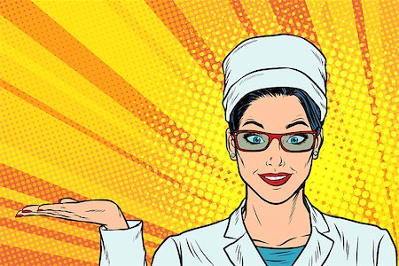 empty doctors uniform - Woman doctor hand presentation gesture. Pop art retro vector illustration cartoon comics kitsch drawing Stock Photo - Budget Royalty-Free & Subscription, Code: 400-09137674