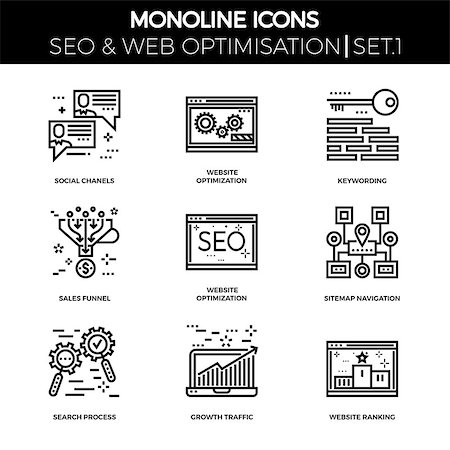 diagrammatic funnel - Line icons set with flat design of search engine optimization. Social chanels, keywording, sales funnel, sitemap navigation, search process, growth traffic, ranking. Monoline icons. Stock Photo - Budget Royalty-Free & Subscription, Code: 400-09137703