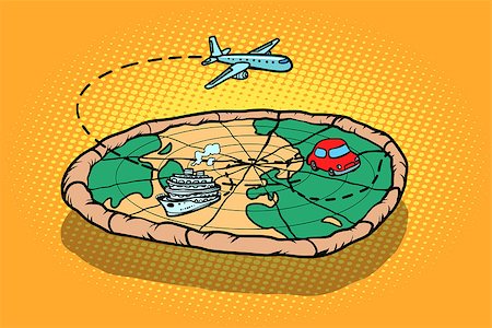 Travel tourism concept, pizza planet earth and transport. Comic book cartoon pop art retro vector illustration Stock Photo - Budget Royalty-Free & Subscription, Code: 400-09137819