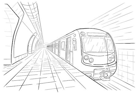 Hand drawn ink line sketch subway station, train in outline style perspective view. Stock Photo - Budget Royalty-Free & Subscription, Code: 400-09137963