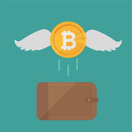 Brown wallet with bitcoin cash. Concept for business, print, web sites, magazines, online shop, finance, banks. Coins bitcoin with wings flying. Lost money concept. Vector illustration Foto de stock - Super Valor sin royalties y Suscripción, Código: 400-09137995