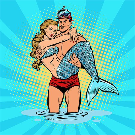 Diver male and female mermaid. Pop art retro vector illustration comic cartoon kitsch drawing Stock Photo - Budget Royalty-Free & Subscription, Code: 400-09138058