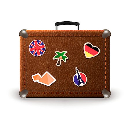 simsearch:400-04411836,k - Vintage retro vector suitcase with travel stickers. Old leather luggage bag with stickers of France, Germany, Egypt, UK. Realistic vector illustration isolated on white background Stockbilder - Microstock & Abonnement, Bildnummer: 400-09138089
