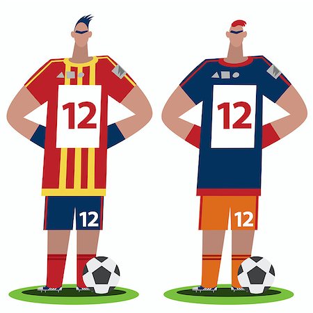 flat soccer ball - Two stylized football or soccer players from different teams stand in sporty uniform with balls. Front face full body view. White background. Cartoon style Stock Photo - Budget Royalty-Free & Subscription, Code: 400-09138090