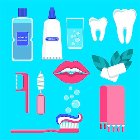 Set of oral care products. Toothpaste, toothbrush and lotion, dental floss, chewing gum. Flat vector cartoon illustration. Prevention of diseases of oral cavity. Objects isolated on blue background. Stock Photo - Budget Royalty-Free & Subscription, Code: 400-09138093