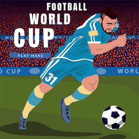 Soccer gameplay. Close up of football player in blue uniform running with ball in stadion, front side view, spectator area on background. Realistic style Stock Photo - Budget Royalty-Free & Subscription, Code: 400-09138212