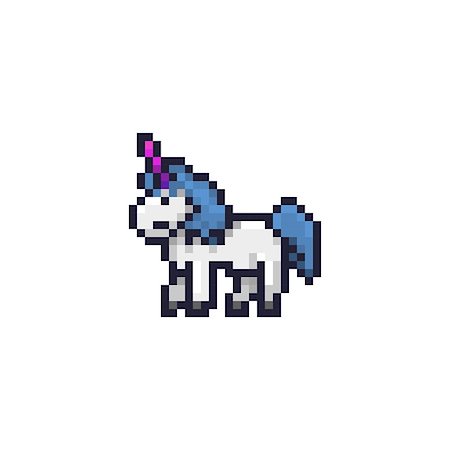 Pixel art unicorn. 8 bit style vector. White horse with purple magic horn and blue cute hair. Pixel perfect retro console style illustration. Fotografie stock - Microstock e Abbonamento, Codice: 400-09138279