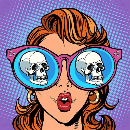 skeletal head drawing - Woman with sunglasses. human skull in reflection. Comic cartoon pop art retro illustration vector kitsch drawing Stock Photo - Budget Royalty-Free & Subscription, Code: 400-09138295