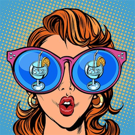 Woman with sunglasses. Cocktail ice and lemon in the reflection. Comic cartoon pop art retro illustration vector kitsch drawing Stock Photo - Budget Royalty-Free & Subscription, Code: 400-09138292