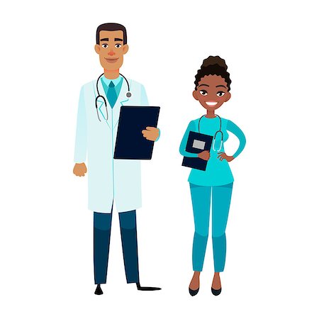 Cartoon african american doctor and nurse. Happy african male doctor with tablet and female assistant. Stock Photo - Budget Royalty-Free & Subscription, Code: 400-09138304