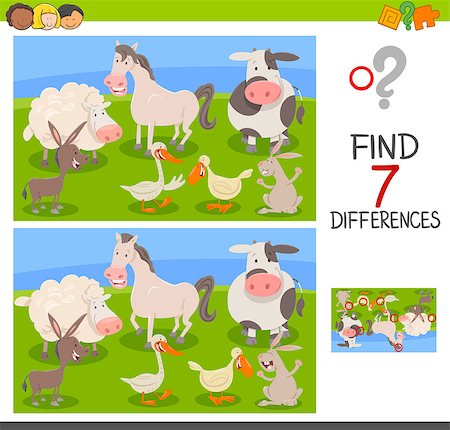 Cartoon Illustration of Finding Seven Differences Between Pictures Educational Activity Game for Children with Farm Animal Characters Group Stock Photo - Budget Royalty-Free & Subscription, Code: 400-09138364