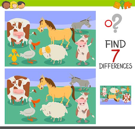 Cartoon Illustration of Finding Seven Differences Between Pictures Educational Activity Game for Children with Funny Farm Animals Stock Photo - Budget Royalty-Free & Subscription, Code: 400-09138365