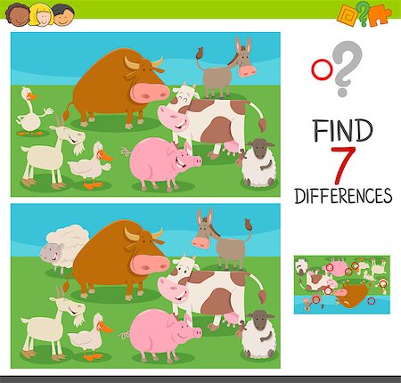 Cartoon Illustration of Finding Seven Differences Between Pictures Educational Activity Game for Children with Farm Animals Stock Photo - Budget Royalty-Free & Subscription, Code: 400-09138362