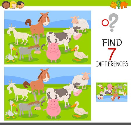Cartoon Illustration of Finding Seven Differences Between Pictures Educational Activity Game for Children with Farm Animals Group Stock Photo - Budget Royalty-Free & Subscription, Code: 400-09138363